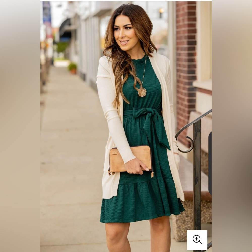 Woven Textured Ruffle Trim Tie Dress Hunter Green XL